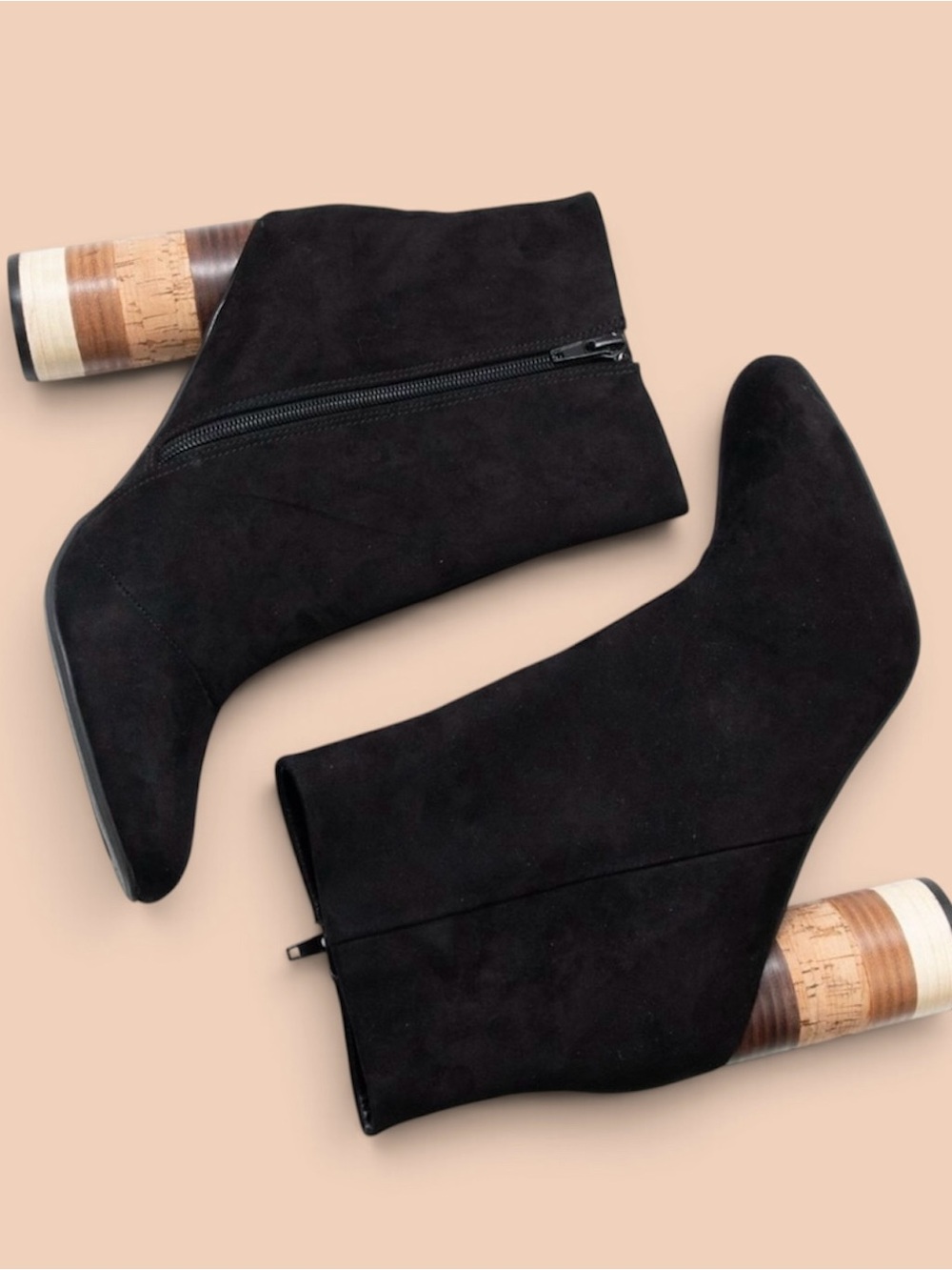 Rare Farylrobin Black Suede Booties w/Stacked Wood & Cork Cylinder Heel
